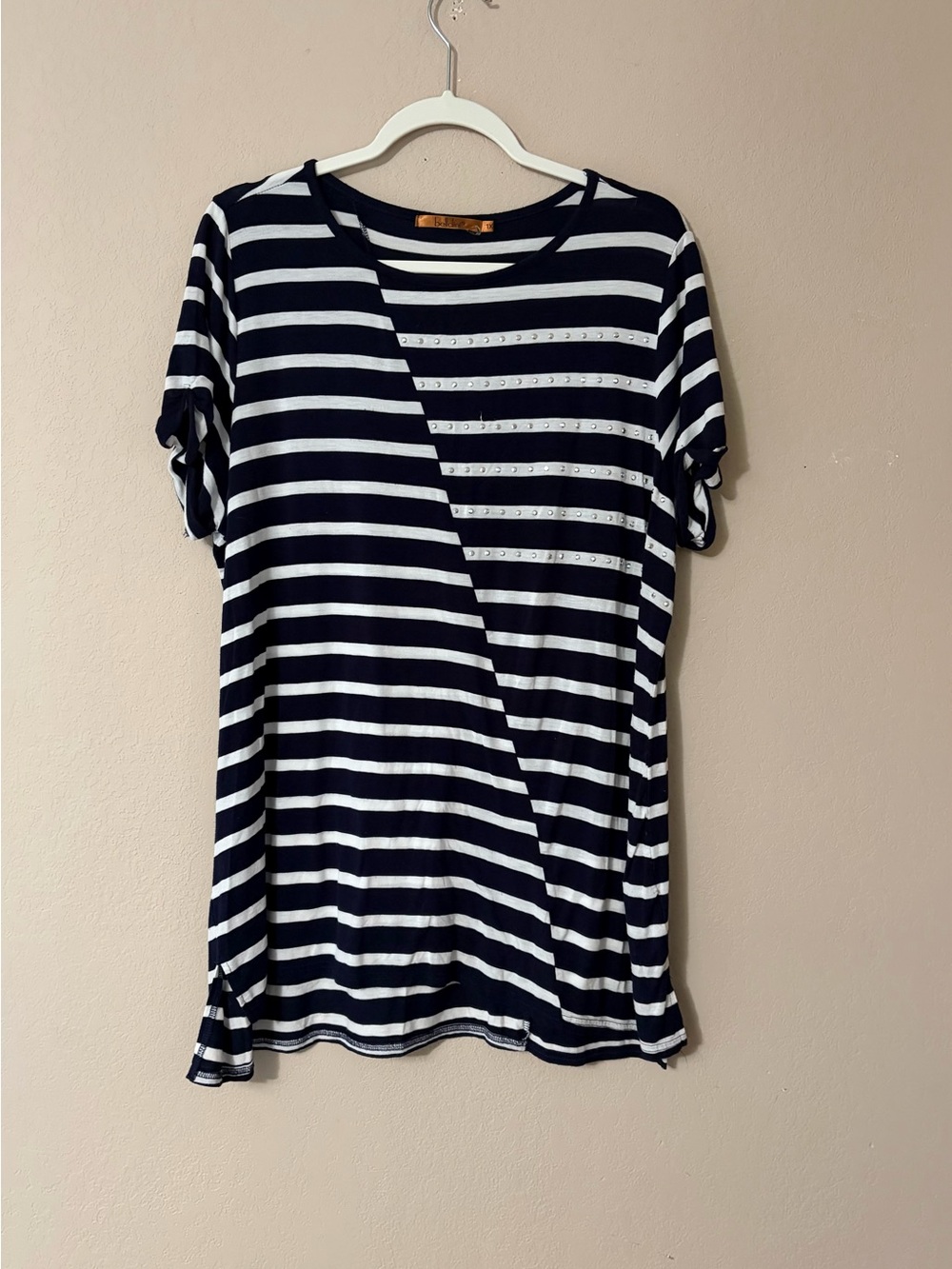 Belldini Plus 1X Navy Blue White Striped Rhinestone Asymmetrical Wrap‎ Top Tee